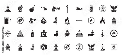 Fire icon vector collection. High-quality, monochromatic glyphs of flames, torches, lanterns, shields