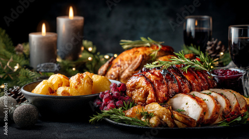 Festive christmas dinner table with roast turkey ham and potatoes