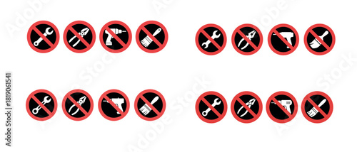 No tools prohibition icons set with wrench drill and repair symbols
