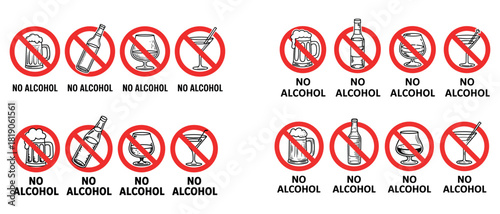 No alcohol prohibition icons set with bottles glasses and bar signs
