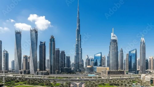 A panoramic view of modern city with high-rise buildings reaching towards a bright blue sky. The city shows its architectural marvel, with a tall skyscraper dominating the skyline
