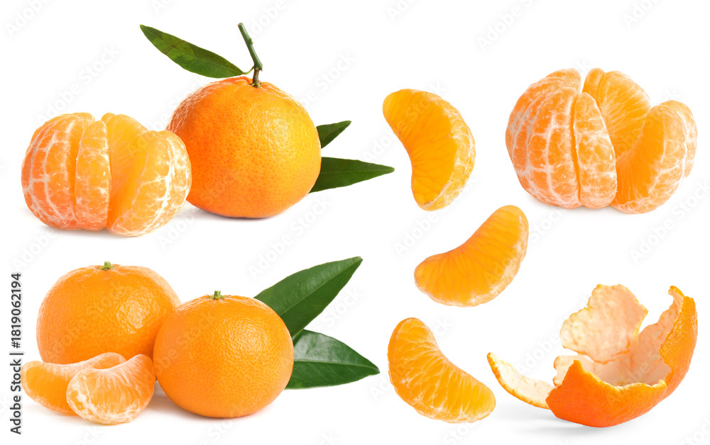 Naklejka premium Set of tangerines isolated on white. Citrus fruit