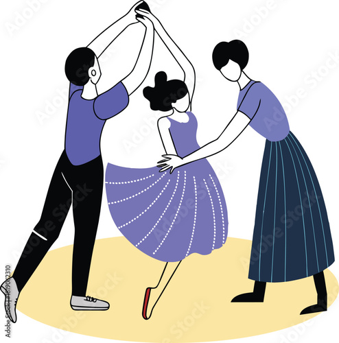 Elegant Couple Twirling in Romantic Ballroom Dance While Friend Watches with Smile