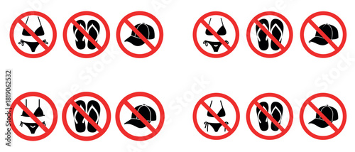 Clothing prohibition signs showing banned items in red circle illustration
