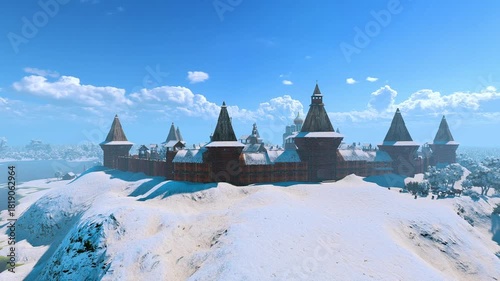 A wooden town on a hilltop. Animation on the theme of history and computer games, landscapes, and territories.