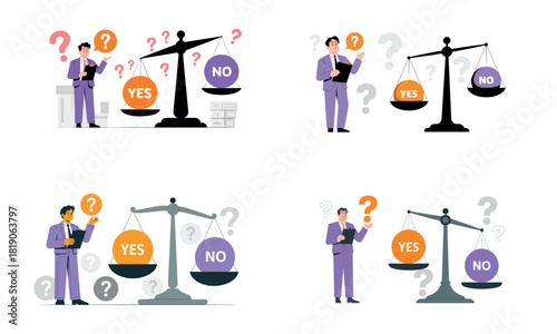 Businessman making yes or no decision with balance scale illustration
