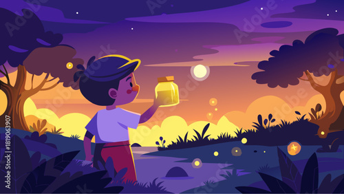Little boy holding a jar of fireflies in a magical forest at sunset with glowing lights and dreamy sky