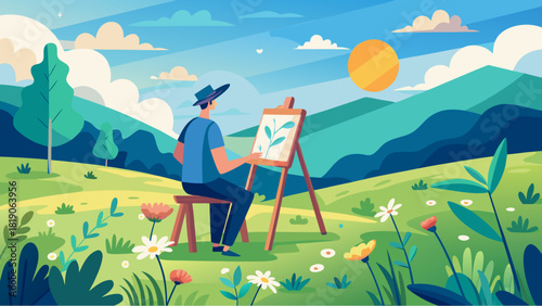 Artist painting in nature on a sunny day surrounded by flowers, green hills, and mountains in a peaceful cartoon landscape
