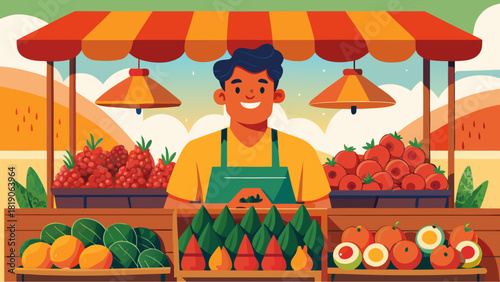 Smiling vendor selling fresh fruits at a colorful outdoor market stand with tropical produce and vibrant surroundings