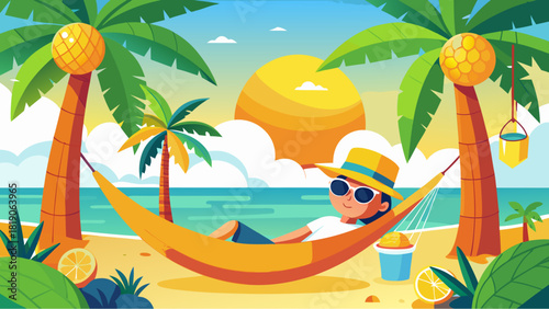 Young person relaxing in a hammock on a tropical beach at sunset with palm trees, ocean view, and summer drink