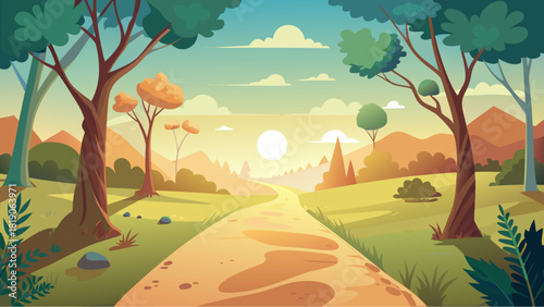 Sunny forest path leading through green meadows and hills with trees, mountains, and clear sky in peaceful cartoon landscape