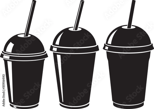 Three black silhouettes of takeaway drink cups with straws