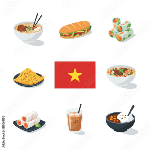 Explore the rich flavors of Vietnam an illustrated assortment of popular traditional dishes and the national flag