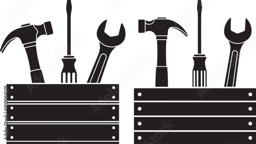 Collection of hand tools in toolbox silhouettes for diy and repair