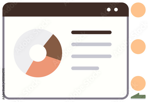 Dashboard interface showing a pie chart and text panels for analysis and trends. Ideal for data analysis, reporting, statistics, project management, research, infographics, and technology. Simple