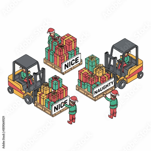 Christmas elves sorting presents for naughty and nice children with forklifts.