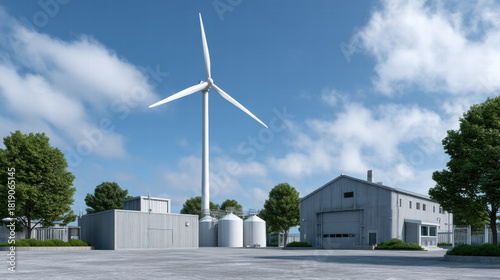 Wind turbine stands tall to power hydrogen plant with clean energy under blue sky and green trees