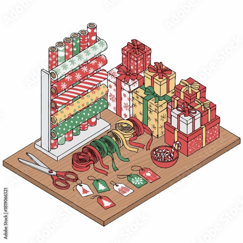 Christmas gift wrapping station with presents and decorations.