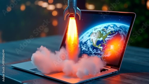 A rocket taking off a laptop keyboard - business brilliant idea concept