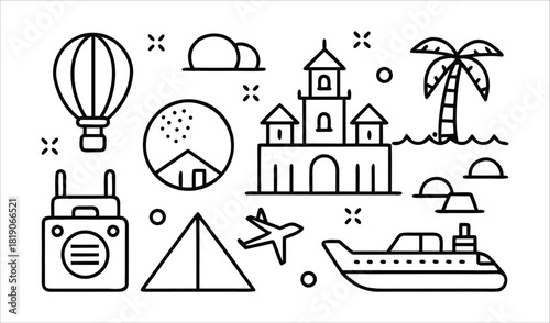Collection of hand drawn travel and vacation icons in outline style
