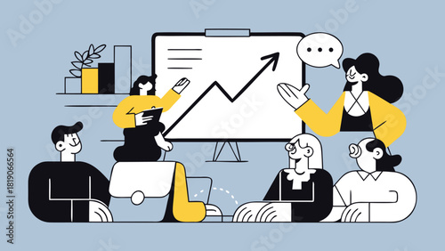 Dynamic composition of a business team collaborating on a project showcasing teamwork and professional interaction with diverse elements and vibrant colors