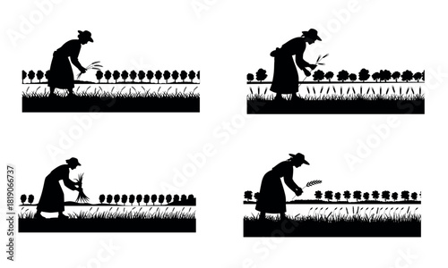 Silhouette farmer working in field harvesting crops illustration
