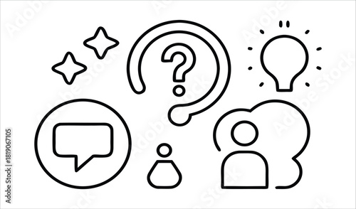Collection of hand drawn icons representing questions ideas communication and people