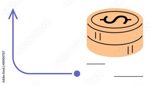 Upward arrow beside coin stack symbolizing growth, investment, and economic progress. Ideal for finance, business, strategy, savings, wealth profit analytics. A simple flat metaphor