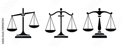 Scales icons featuring justice scales, weight scales, and vector illustrations, perfect for legal graphics, balance concepts