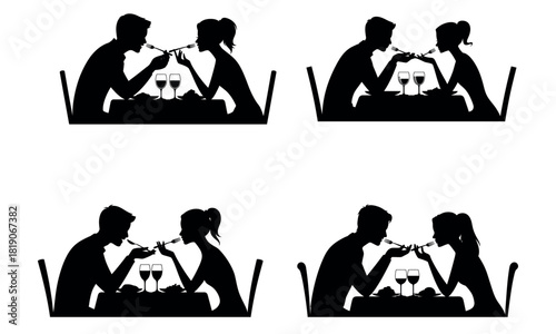 Romantic couple having dinner together in love date silhouette illustration
