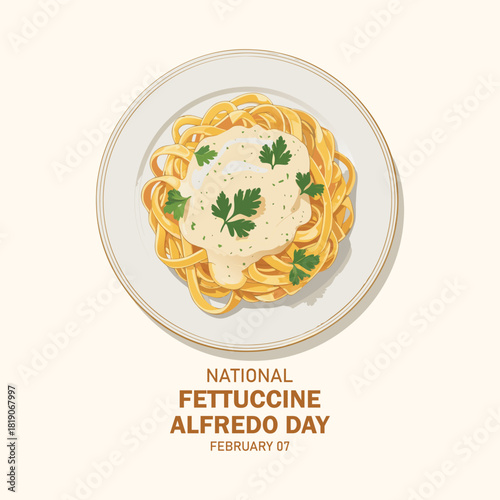 National Fettuccine Alfredo Day vector. Plate of pasta with cream sauce, parmesan cheese and parsley vector. February 7.