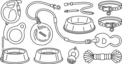 Black and white line art illustration of dog accessories and toys leash collar