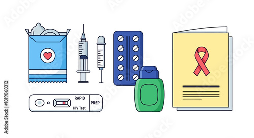 Collection of medical supplies for sexual health and disease prevention