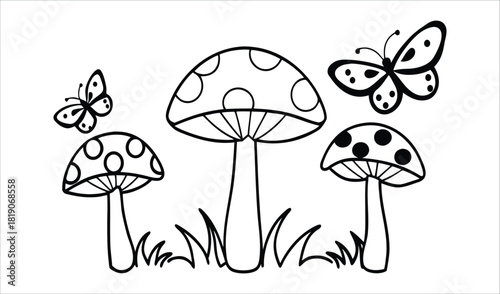 Whimsical outline illustration of mushrooms and butterflies in a field