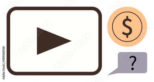 Video play button with dollar sign indicating monetization and speech bubble with question mark symbolizing decision-making. Ideal for finance, marketing, e-learning, content creation, branding