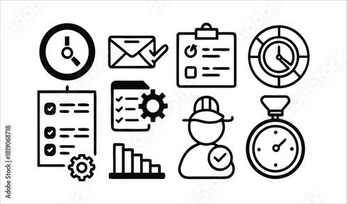 Collection of business and management icons representing tasks time and progress
