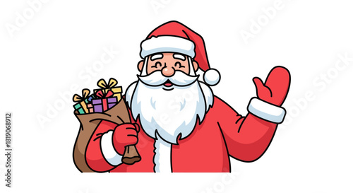 Cartoon illustration of santa claus waving and holding a sack of gift