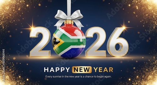 Celebrate a bright South African New Year 2026 with festive ornaments and sparkling lights, wishing joy and prosperity for the year ahead, perfect for greeting cards and banners