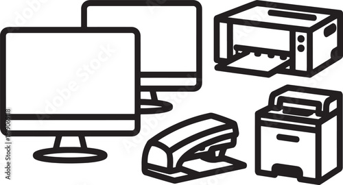Black and white vector icons of office equipment including computers printers and staplers computer monitor