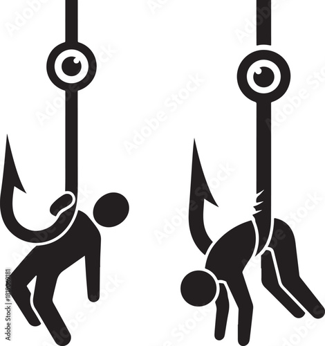 Two human silhouettes dangling from fishing hooks silhouette