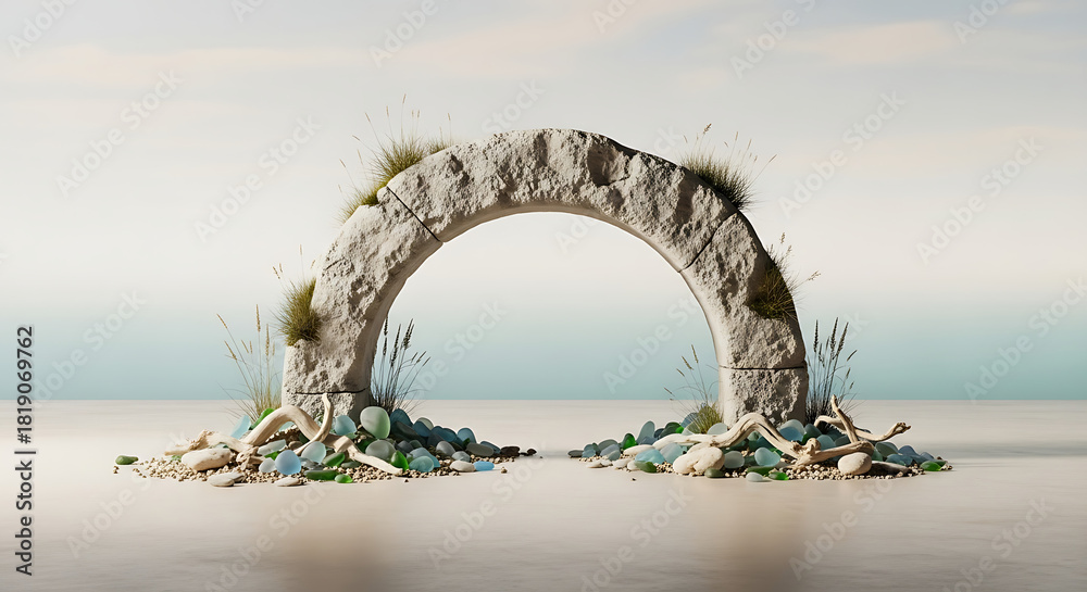 Fototapeta premium Stone arch arrangement by seaside with pebbles and driftwood for advertising