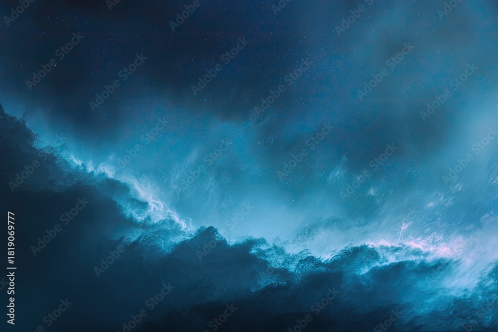 Fototapeta premium An ethereal cloudscape, transitioning from deep blues to luminous turquoise, suggesting a cosmic scene