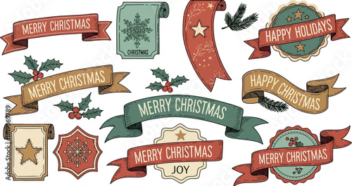 Festive Holiday Banner Collection with Merry Christmas and Happy Holidays Wishes on Decorative Ribbons and Tags for Winter Season Greetings and Celebrations