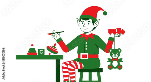 Christmas elf making and holding toy gift for holiday season