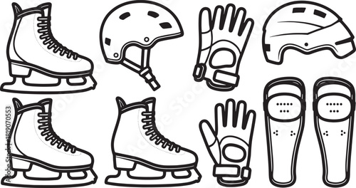 Black and white vector illustration of ice skates helmets gloves and shin guards sports equipment