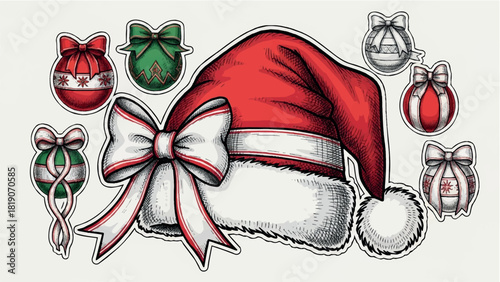 Festive Holiday Cheer featuring Santa Hat and Ornament Stickers Perfect for Christmas Decorations and Seasonal Greetings a Colorful and Joyful Celebration