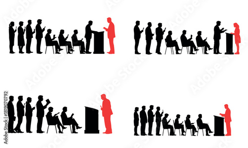 Speaker addressing audience group in business presentation silhouette illustration

