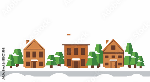 Three cozy brown houses with snow covered pine tree in winter