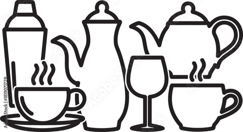 Black Outline Icons of Cocktail Shaker Teapot Wine Glass and Coffee Cups vector