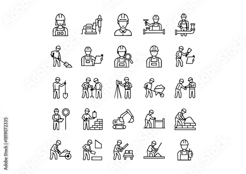 Black & White Construction Worker Icons: 25 Unique Vector Line Art, Vector Jobsite Personnel Set: Minimalist Monochrome Icons, The Complete Collection of Builder and Tool Iconography (Monoline)